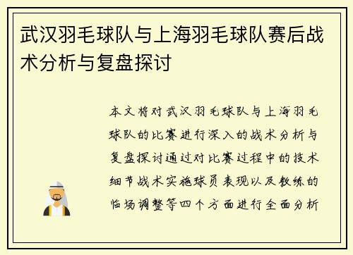 武汉羽毛球队与上海羽毛球队赛后战术分析与复盘探讨
